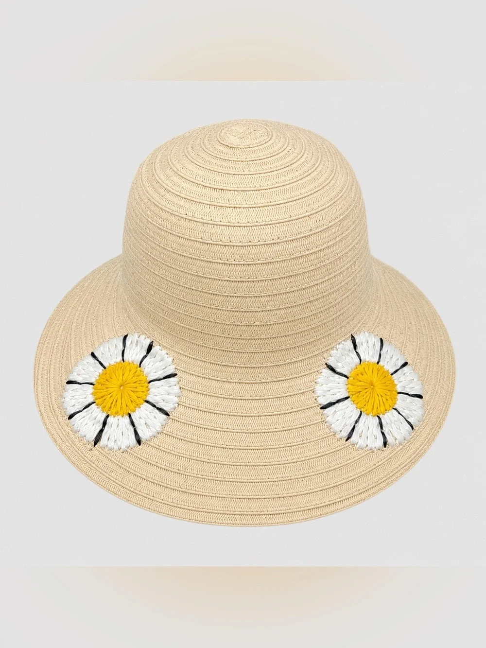 Beige Straw Sun Hat w/ Daisy Flowers Wide Brim Beach Summer Women’s One Size New